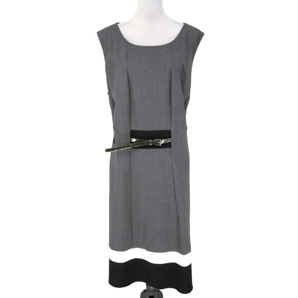 Calvin Klein Dress Plus Size 22W Gray Black Belted Lined Back Zip Fit n Flare - Picture 1 of 16